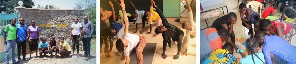 Three photos of Kenyan girls and women - standing in front of Akili School, practising stretches, and playing with a coding robot.