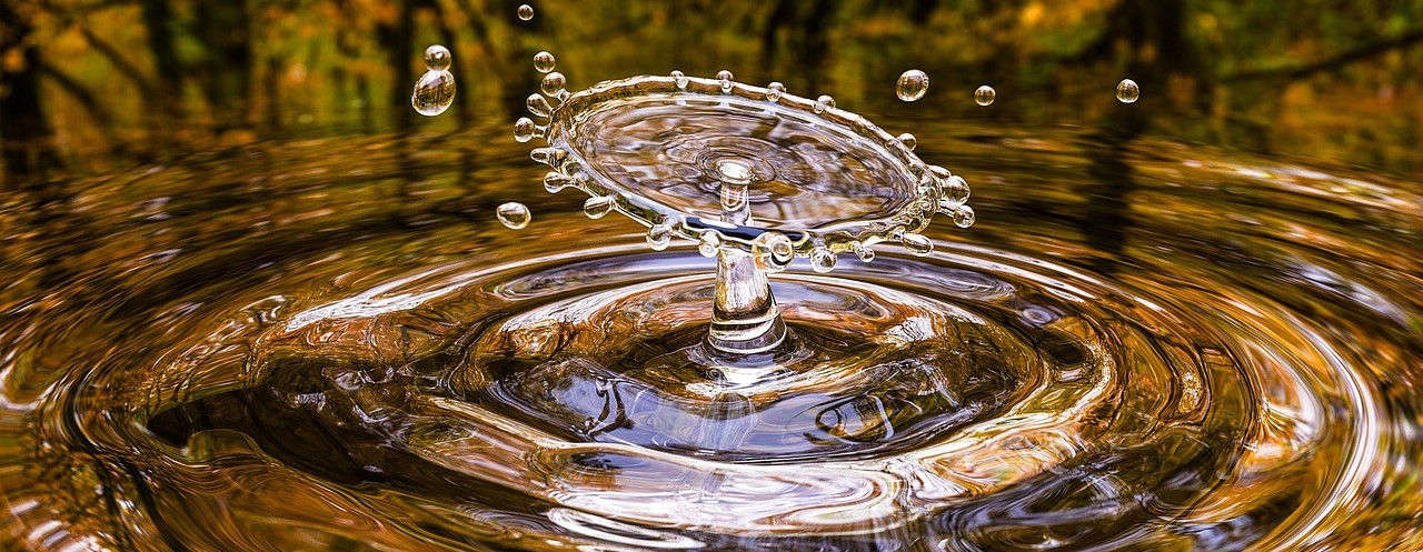 Water splashing and rippling widely as an object is dropped into a pond