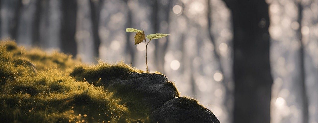 A seedling with three leaves sprouting from a hill in the forest
