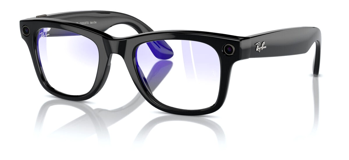 A pair of glasses with black frames stamped "Ray Ban"