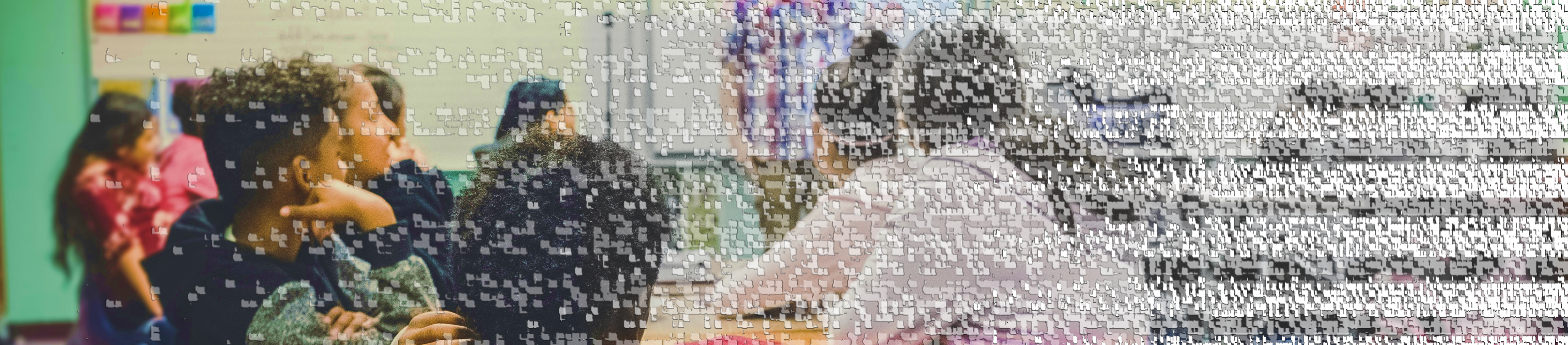 A group of students in a classroom. Blocky pixel shapes grow denser and more opaque along the image, until eventually the students can no longer be seen distinctly.