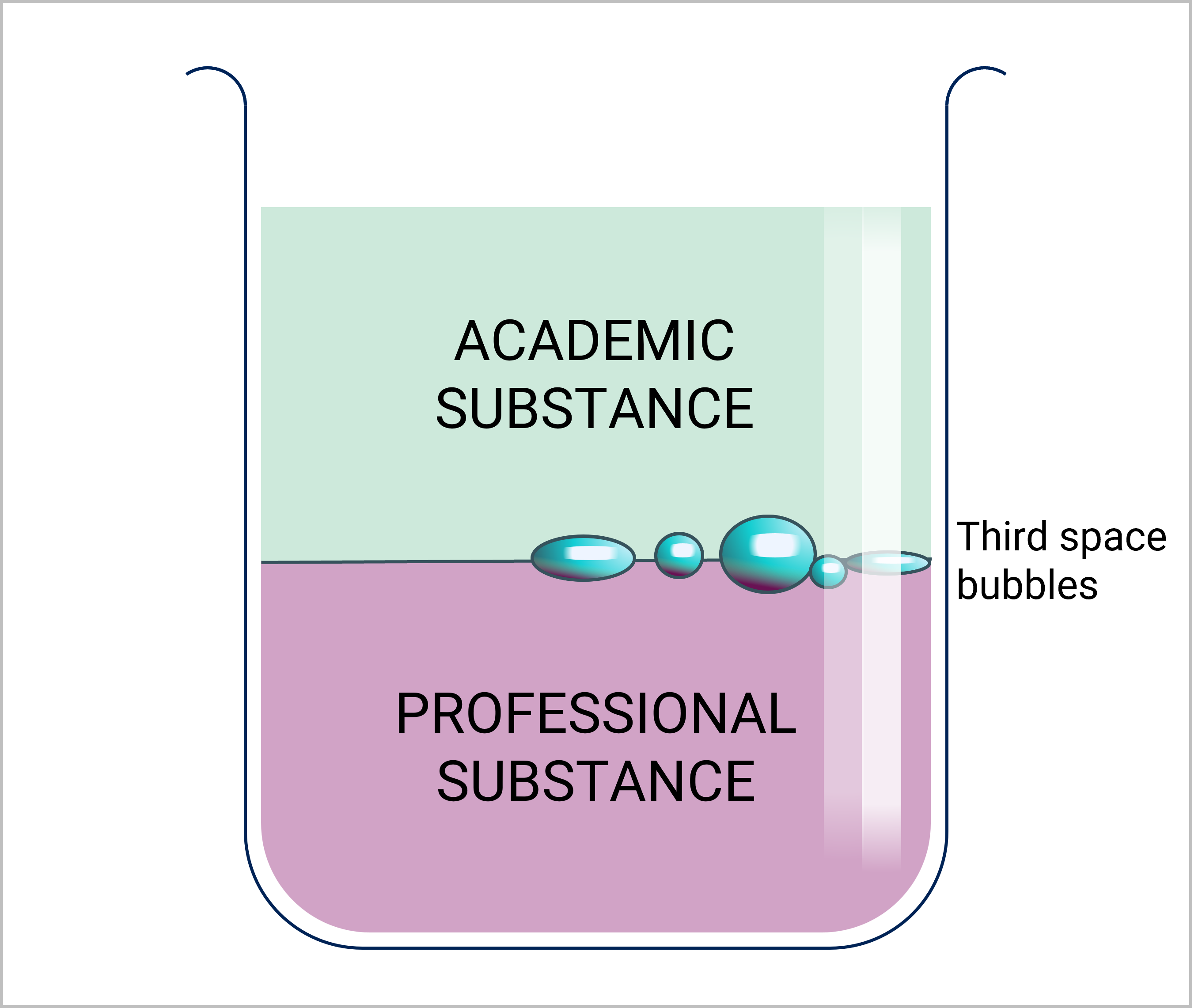 An illustration of a clear beaker with two layered, separated liquids in it. The top layer is labelled "academic" and the bottom layer "professional". There are bubbles in the middle labelled "third space bubbles".