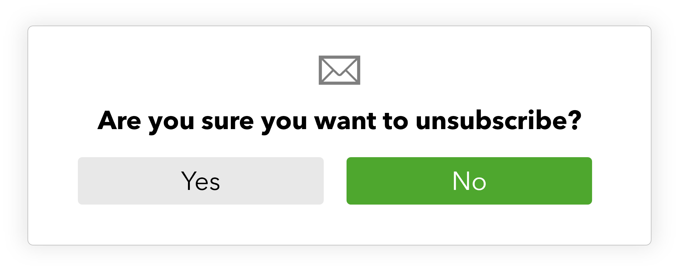 Popup box that reads "Are you sure you want to unsubscribe?" A pale grey button labeled "Yes" and a green button labeled "No"