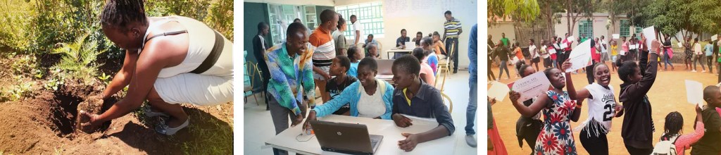 Three photos of Kenyan children planting trees, in computer class, and dancing in a circle holding their school certificates with pride.