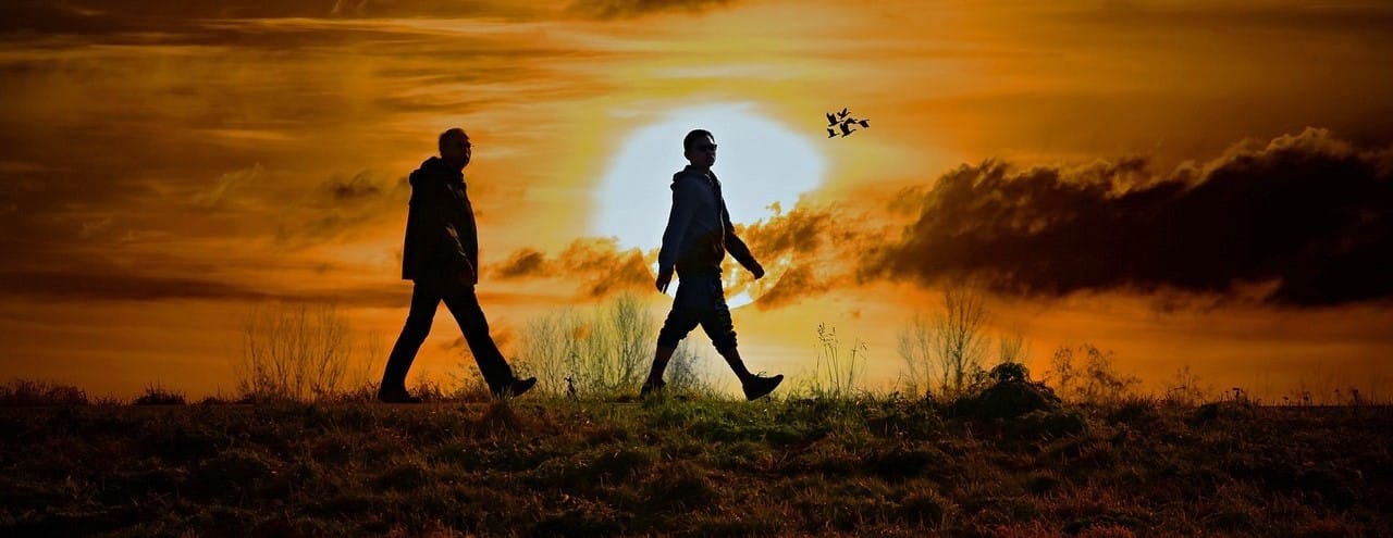 Two people shown in silhouette, walking before a vivid sunset over a grassy field